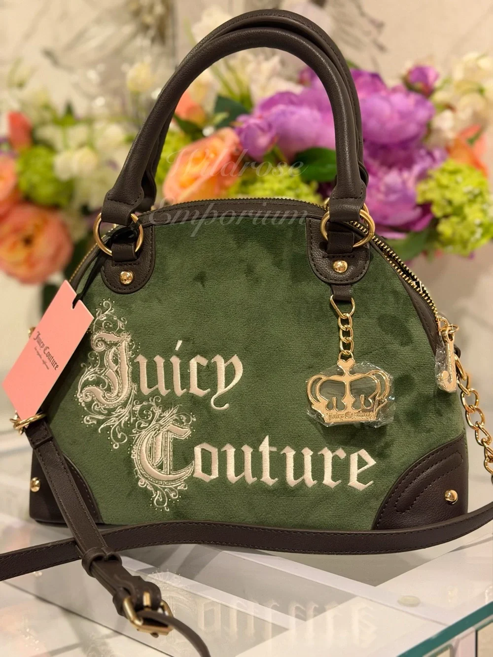 Juicy Couture Renaissance Super Greens Gold gothic logo velour satchel Charm